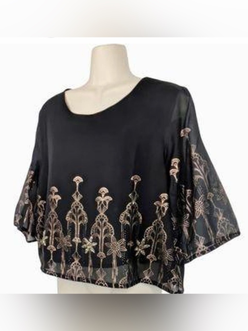 World Market L/XL Black Gold Art Deco Beaded Sheer Blouse Floral Boho Top - Picture 1 of 7
